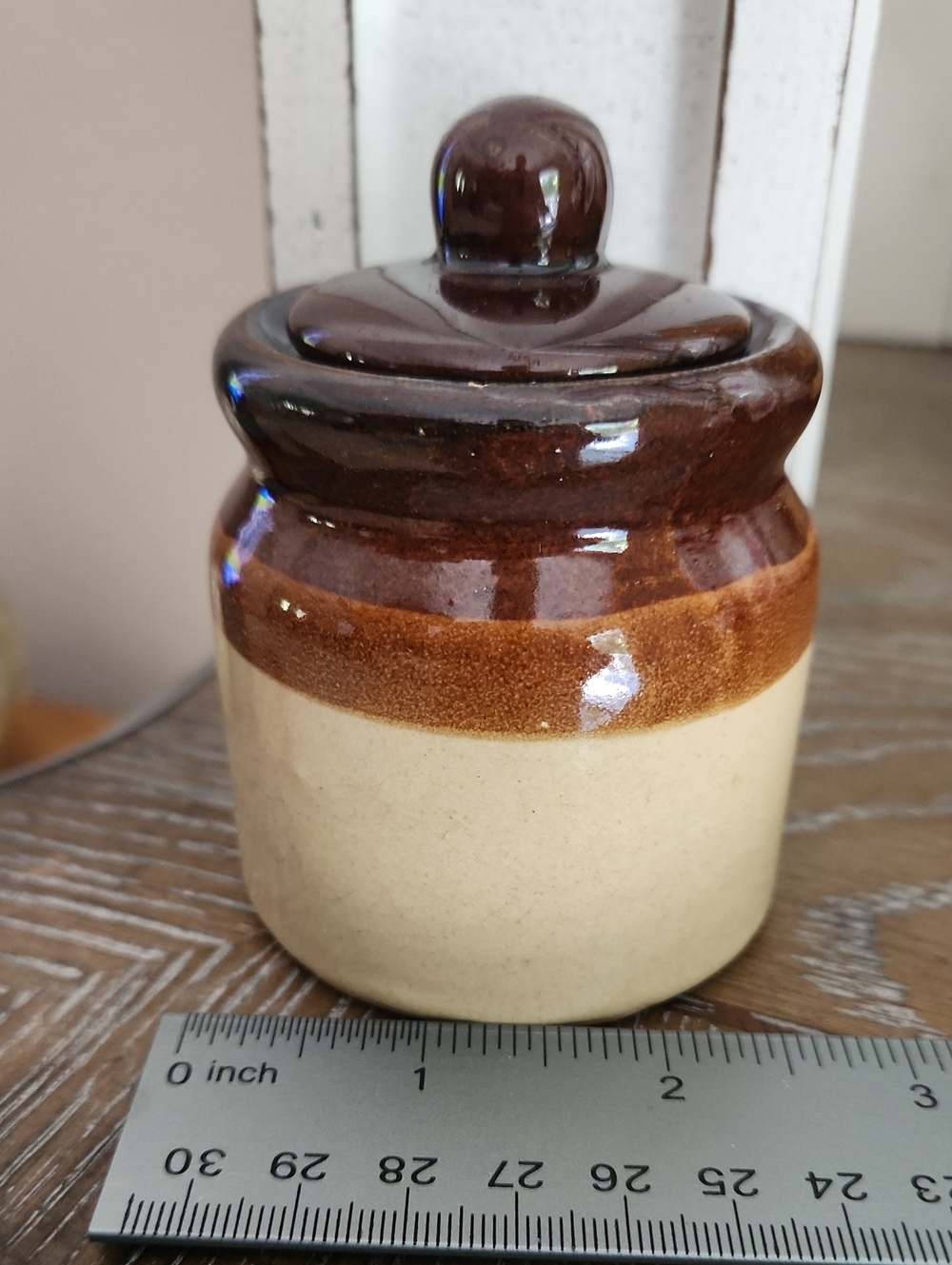 Vintage Farmhouse Stoneware Two-Tone Brown and Cream Home Art Crock with Lid